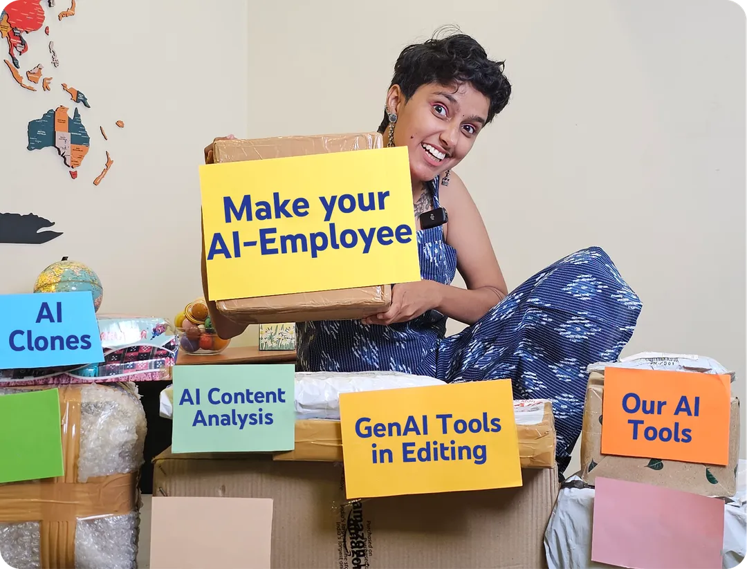 Boxes labelled Make your AI-Employee, AI Clones, AI Content Analysis, GenAI Tools in Editing and Our AI Tools